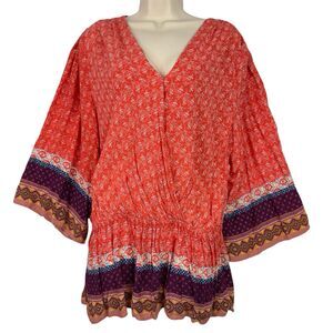 Black Note‎ Boho Peasant Tunic Top Women’s XL Orange Floral Border Print Peplum